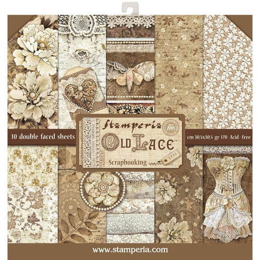 Stamperia - Double-Sided paper Pad 12"X12" - 10/Pkg - Old Lace. All you need for scrapbooking!  Available at Embellish Away located in Bowmanville Ontario Canada.