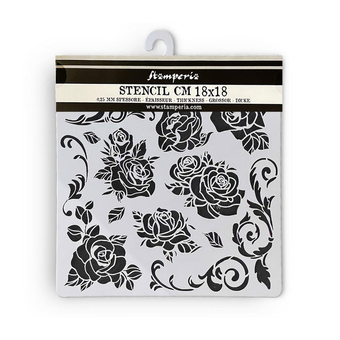 Stamperia - Stencil 7"X7" - Shabby Rose - Rose Pattern. Stencils can add fun accents or elegant designs to scrapbook pages, greeting cards, mixed media and craft projects! They can be used with inks, mists, paints and other similar applications. Available at Embellish Away located in Bowmanville Ontario Canada.