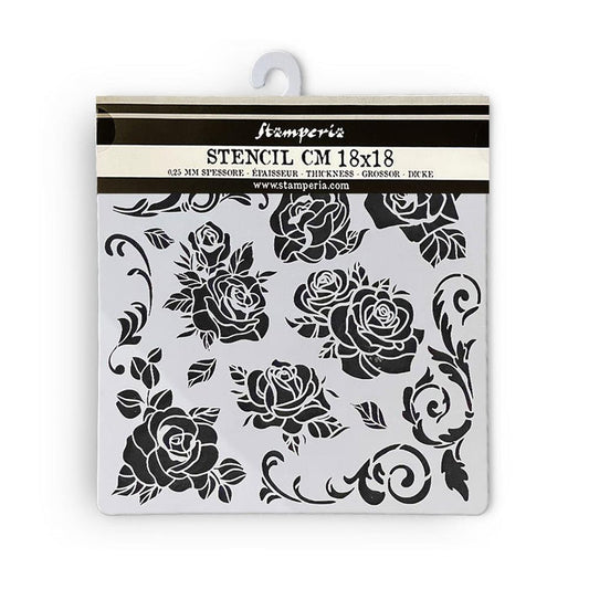 Stamperia - Stencil 7"X7" - Shabby Rose - Rose Pattern. Stencils can add fun accents or elegant designs to scrapbook pages, greeting cards, mixed media and craft projects! They can be used with inks, mists, paints and other similar applications. Available at Embellish Away located in Bowmanville Ontario Canada.