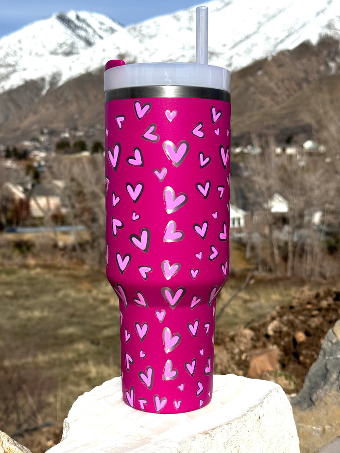 Stanley 40oz ‘Hearts’ Engraved and Painted Tumbler