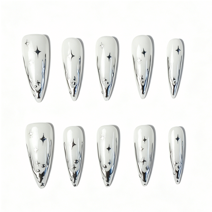 Long Stiletto Press On Nails, White Silver Star Metallic Mirror Fake Nail Set