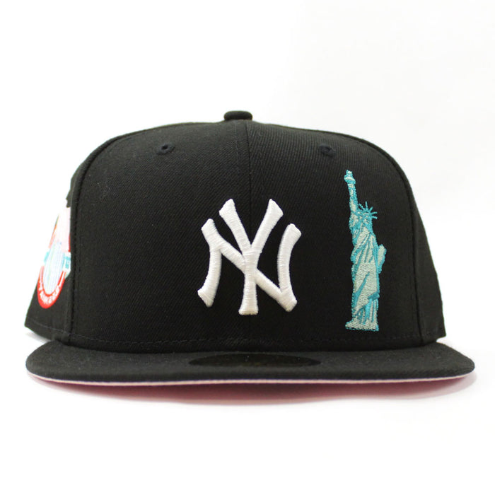 Statue of Liberty New York Yankees Team Flag Patch New Era 59Fifty Fitted Hat (BLACK Pink Under Brim)