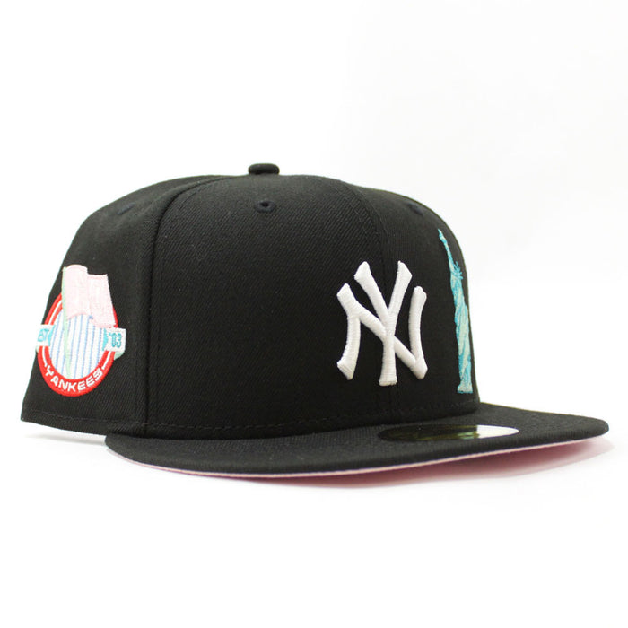 Statue of Liberty New York Yankees Team Flag Patch New Era 59Fifty Fitted Hat (BLACK Pink Under Brim)