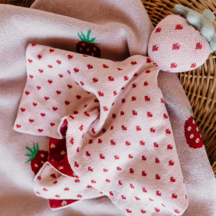 Strawberry Lovey Toy & Strawberry Jacquard Sweater Knit Baby Blanket (Organic Cotton)