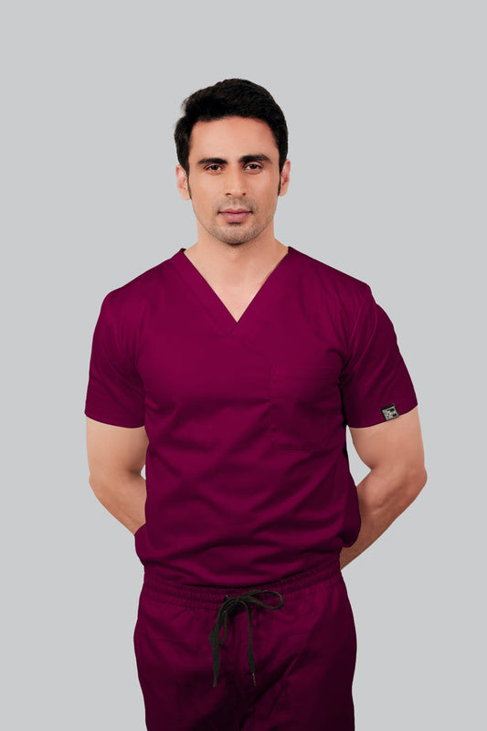 Stretchable (2Way) Men Wine V-Neck Scrub Top