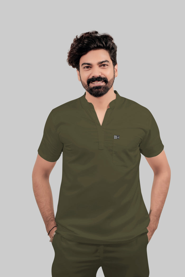 Stretchable (4Way) Men Mandarin Neck Olive Green Scrub Top
