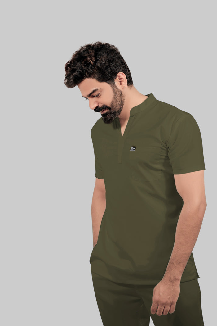 Stretchable (4Way) Men Mandarin Neck Olive Green Scrub Top