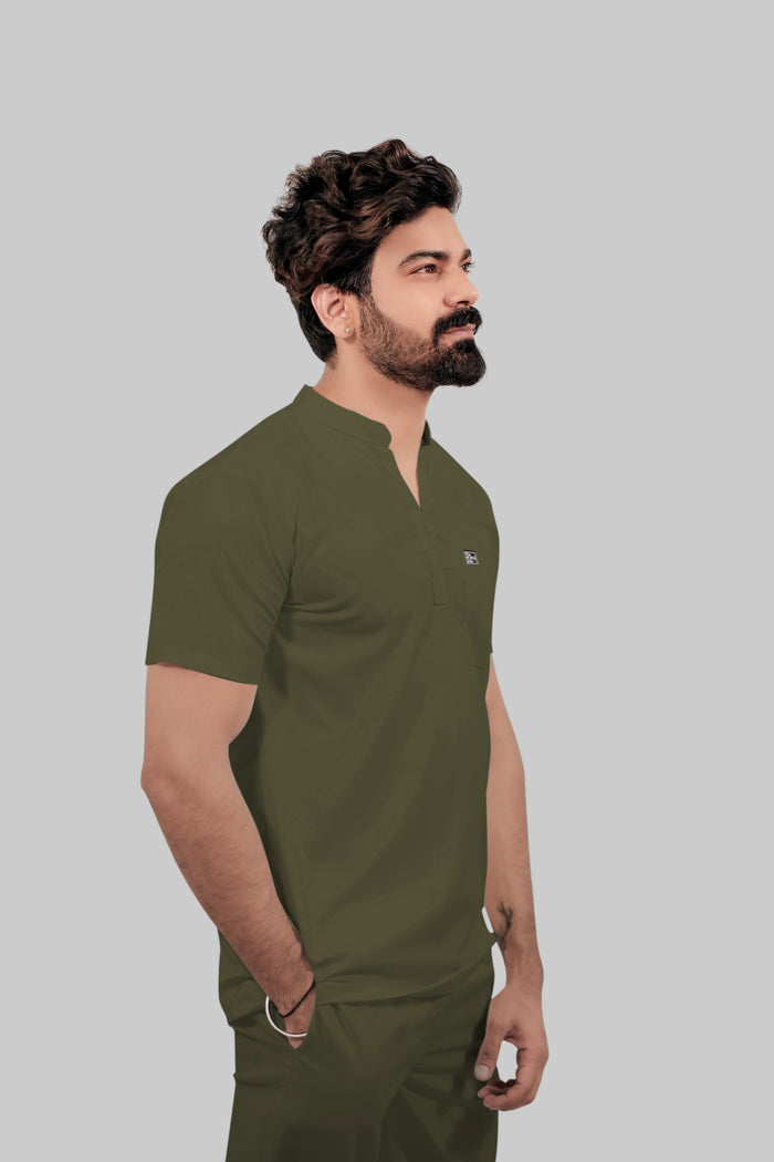 Stretchable (4Way) Men Mandarin Neck Olive Green Scrub Top