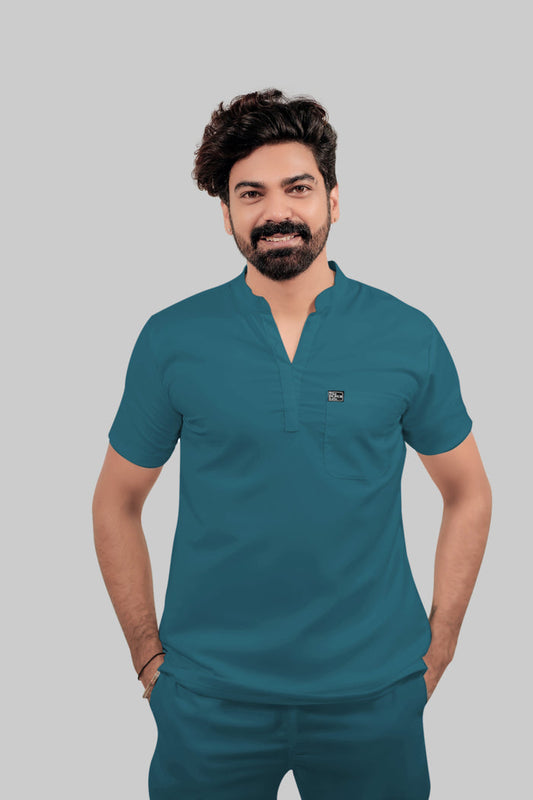 Stretchable (4Way) Men Mandarin Neck Peacock Blue Scrub Top