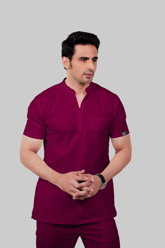 Stretchable (4Way) Men Wine Mandarin Neck Scrub Top