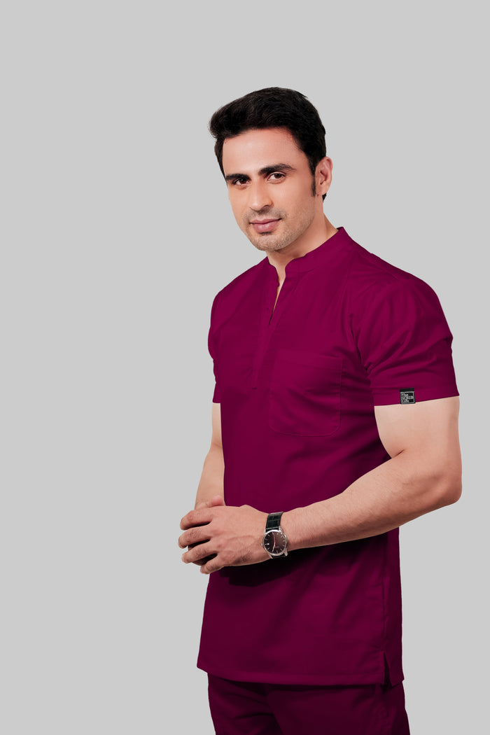 Stretchable (4Way) Men Wine Mandarin Neck Scrub Top