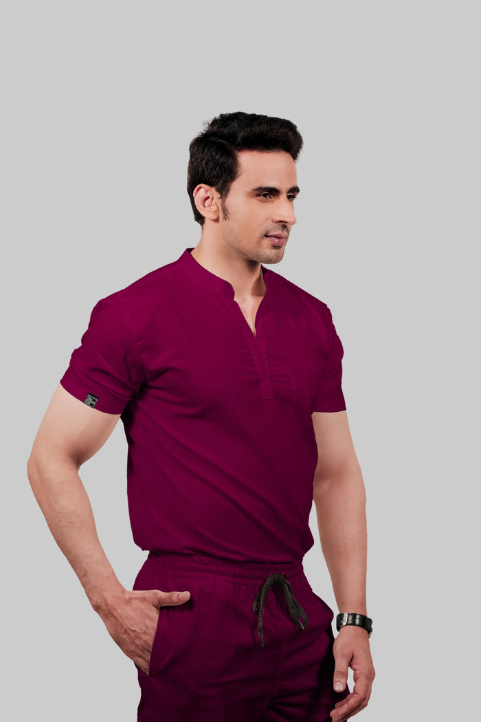 Stretchable (4Way) Men Wine Mandarin Neck Scrub Top
