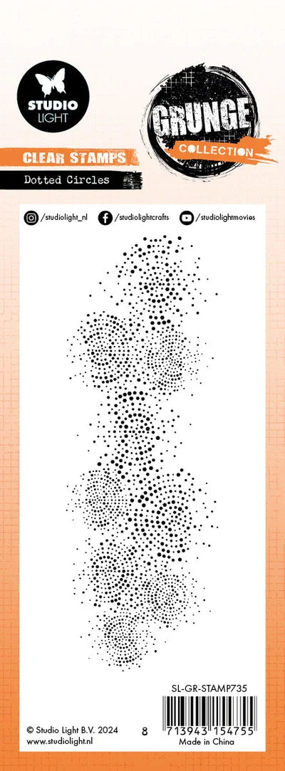 Studio Light - Clear Stamp - Essentials 1 PC - Dotted Circles. A simple background stamp of dots in a circular pattern, a good way to add some colour and dimension to the back of your paper crafting project. Available at Embellish Away located in Bowmanville Ontario Canada.