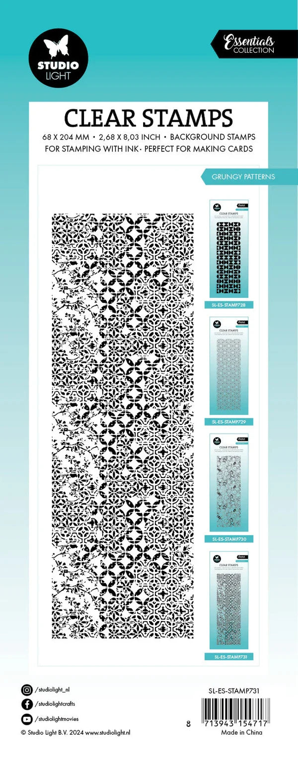 Studio Light - Clear Stamp - Essentials 1 PC - Grungy Pattern. Expertly design unique backgrounds with the SL Clear Stamp Grungy Pattern. This stamp features a grungy pattern that adds a touch of character to any project. Available at Embellish Away located in Bowmanville Ontario Canada.
