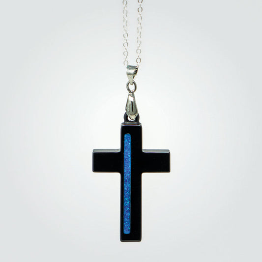 T2T Thin BLUE Line Cross Necklace – (Black Ceramic)