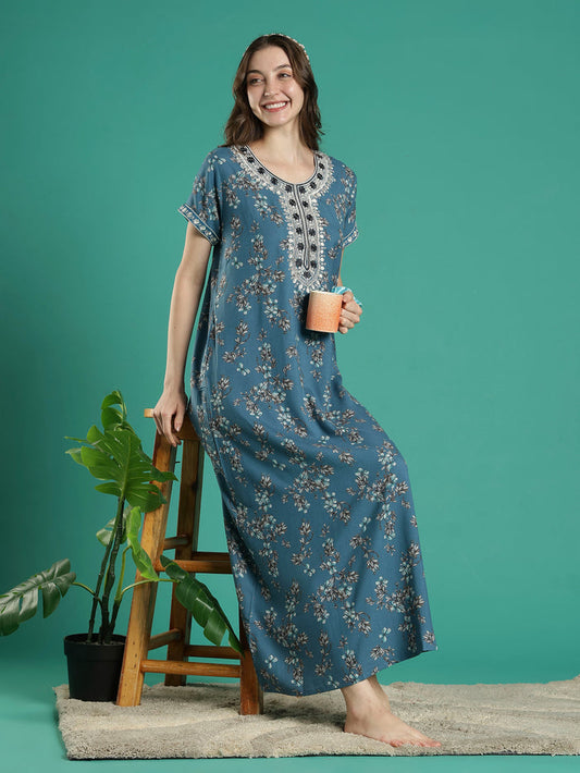 Teal floral soft alpine a-line night dress for women