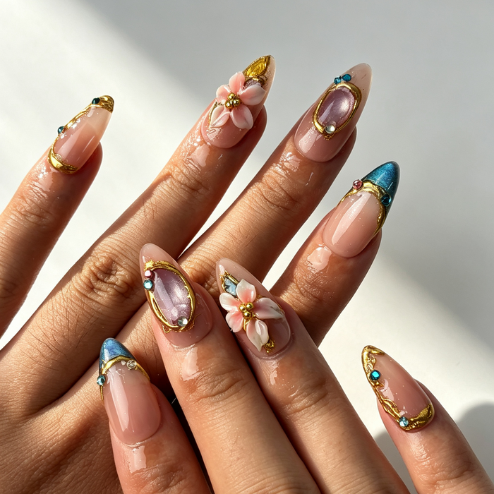 Teal Gilded jade teal cat eye almond press on nails worn on hand, gilded floral elegant office & spring dating nail art