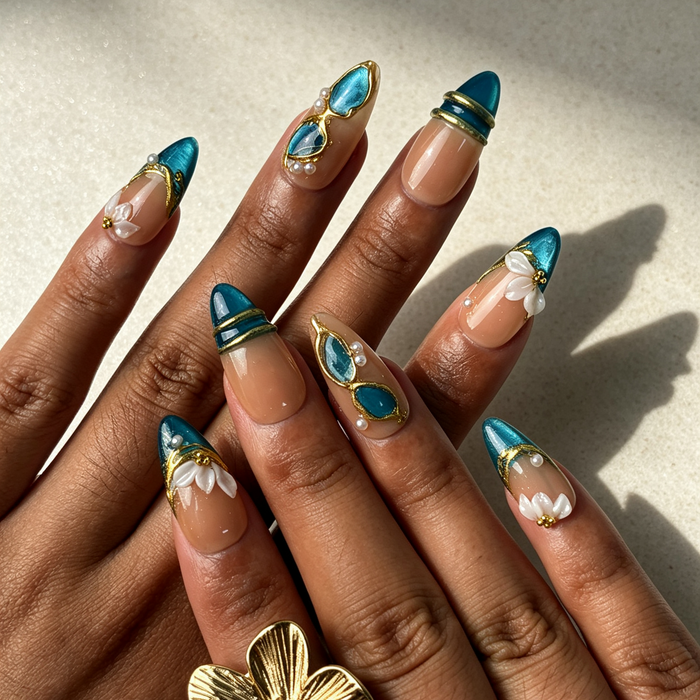 Teal‑Petal vintage teal blue floral medium almond press‑on nails hand manicure view