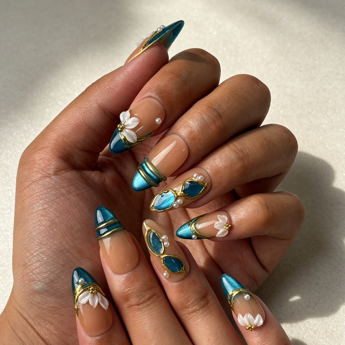Luxury translucent white petal fake nails close‑up hand shot