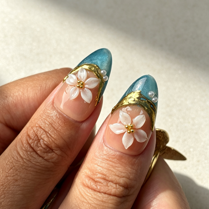 Almond press on nails, teal blue french tip, white 3D flower gold foil pearl fake nails