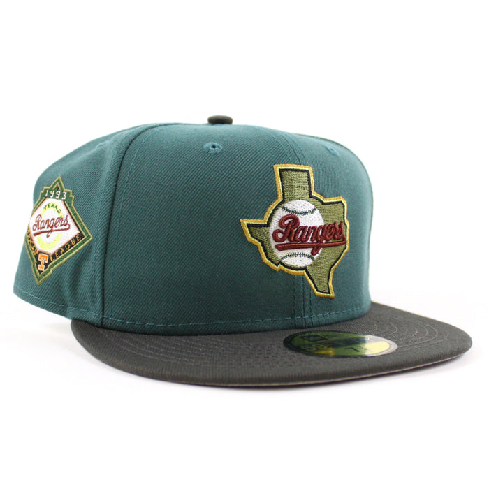 Texas Rangers 1993 American League New Era 59Fifty Fitted Hat (GITD PINE NEEDLE GREEN DARK PEWTER GRAY Under Brim)