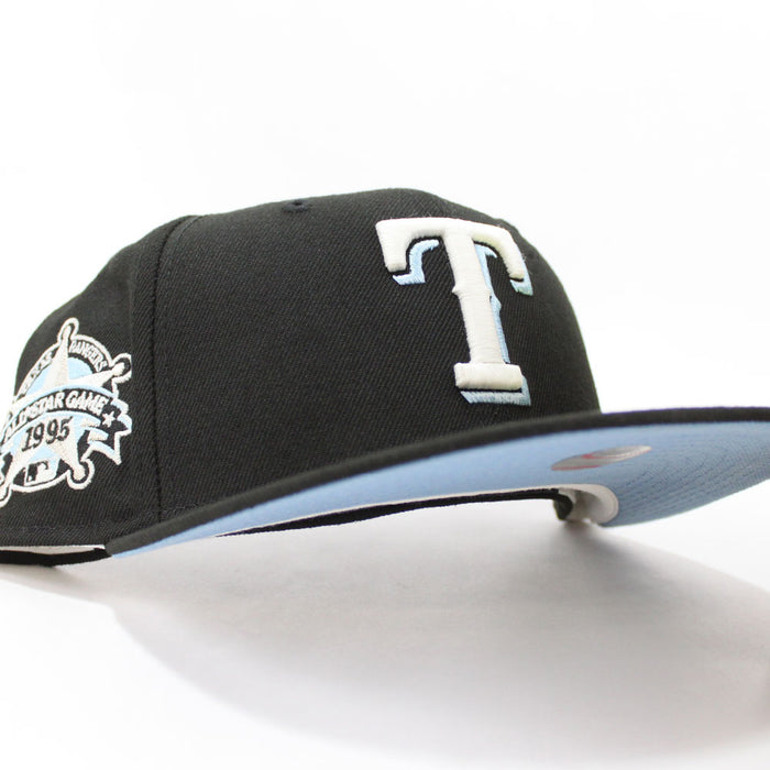 Texas Rangers 1995 All-Star Game New Era 59Fifty Fitted Hat (Glow in the Dark Black Sky Blue Brim)