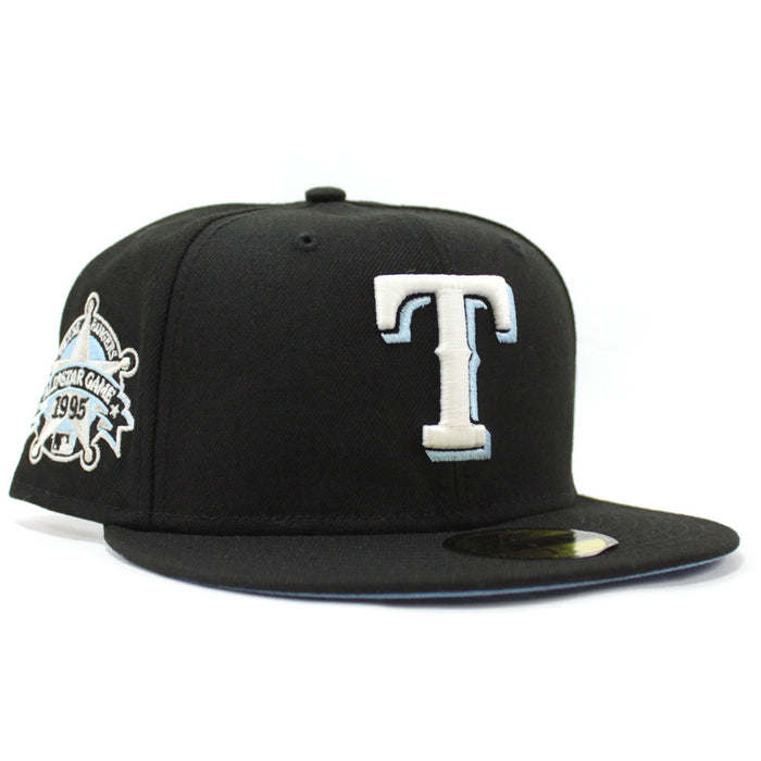 Texas Rangers 1995 All-Star Game New Era 59Fifty Fitted Hat (Glow in the Dark Black Sky Blue Brim)