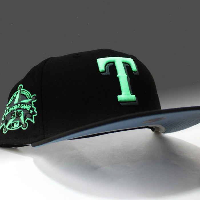 Texas Rangers 1995 All-Star Game New Era 59Fifty Fitted Hat (Glow in the Dark Black Sky Blue Brim)