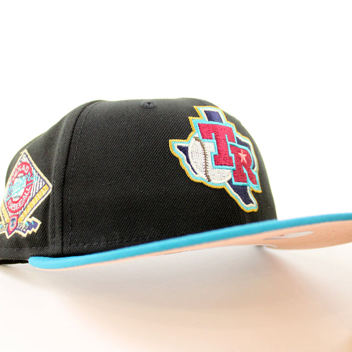 Texas Rangers ARLINGTON STADIUM New Era 59Fifty Fitted Hat (BLACK TITLEWAVE BLUSH SKY Under Brim)