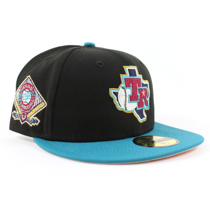 Texas Rangers ARLINGTON STADIUM New Era 59Fifty Fitted Hat (BLACK TITLEWAVE BLUSH SKY Under Brim)