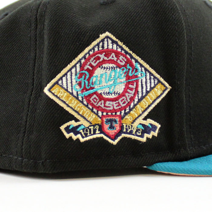 Texas Rangers ARLINGTON STADIUM New Era 59Fifty Fitted Hat (BLACK TITLEWAVE BLUSH SKY Under Brim)