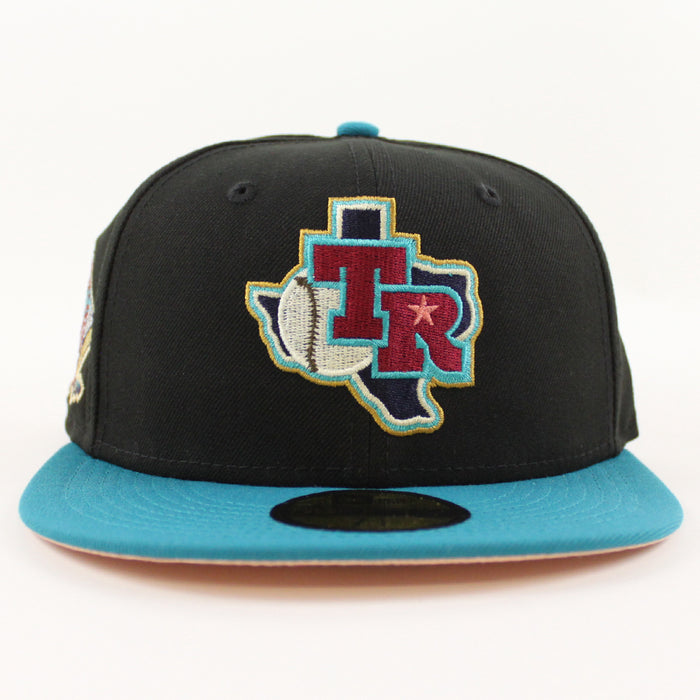 Texas Rangers ARLINGTON STADIUM New Era 59Fifty Fitted Hat (BLACK TITLEWAVE BLUSH SKY Under Brim)