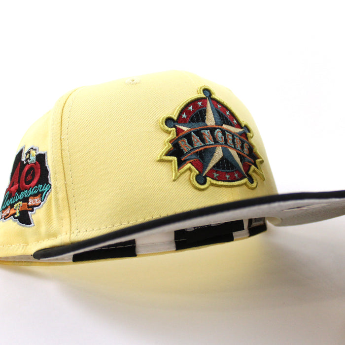 Texas Rangers Rangers Badge New Era 59Fifty Fitted Hat (SOFT YELLOW TONAL CAMO BLACK Metallic SILVER Under Brim)