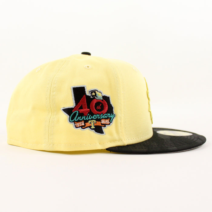 Texas Rangers Rangers Badge New Era 59Fifty Fitted Hat (SOFT YELLOW TONAL CAMO BLACK Metallic SILVER Under Brim)