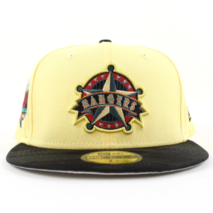 Texas Rangers Rangers Badge New Era 59Fifty Fitted Hat (SOFT YELLOW TONAL CAMO BLACK Metallic SILVER Under Brim)