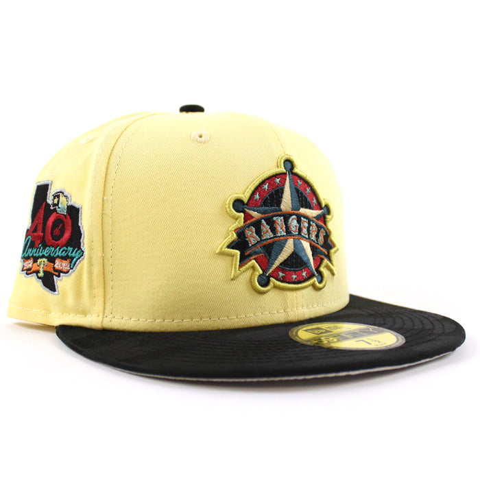 Texas Rangers Rangers Badge New Era 59Fifty Fitted Hat (SOFT YELLOW TONAL CAMO BLACK Metallic SILVER Under Brim)