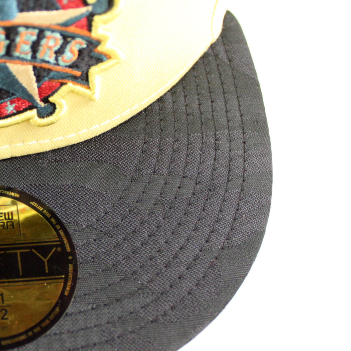 Texas Rangers Rangers Badge New Era 59Fifty Fitted Hat (SOFT YELLOW TONAL CAMO BLACK Metallic SILVER Under Brim)