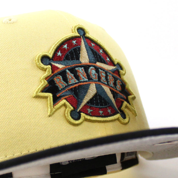 Texas Rangers Rangers Badge New Era 59Fifty Fitted Hat (SOFT YELLOW TONAL CAMO BLACK Metallic SILVER Under Brim)