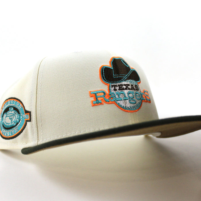 Texas Rangers Stadium New Era 59Fifty Fitted Hat (Chrome White Dark Seaweed Khaki Under Brim)