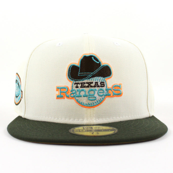 Texas Rangers Stadium New Era 59Fifty Fitted Hat (Chrome White Dark Seaweed Khaki Under Brim)