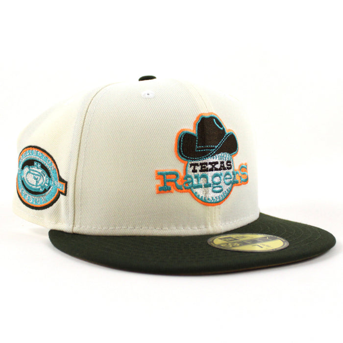 Texas Rangers Stadium New Era 59Fifty Fitted Hat (Chrome White Dark Seaweed Khaki Under Brim)