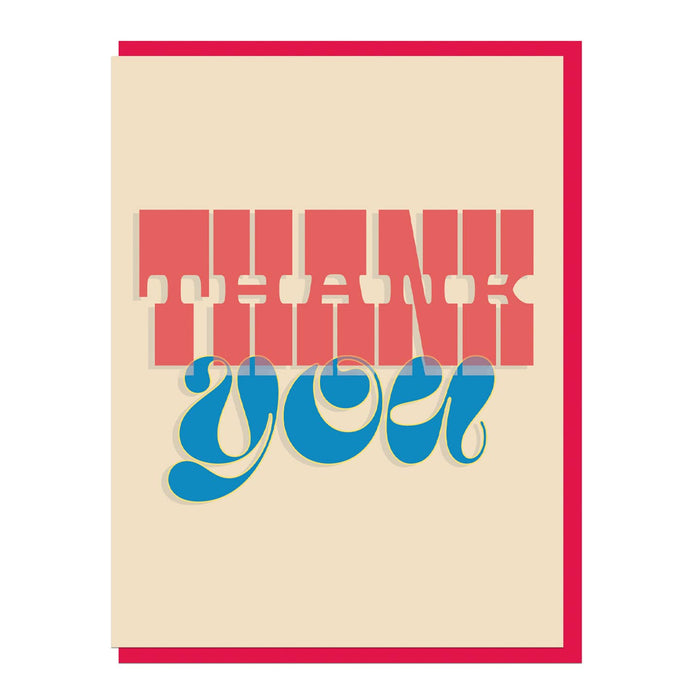 Thank you overlay greeting card with cream background, red border, and blue “you” text