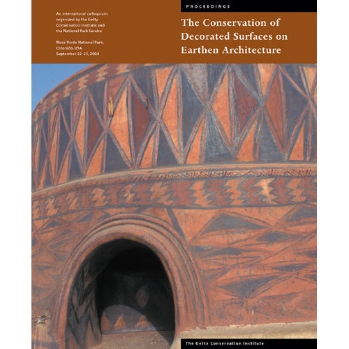 A book cover titled "The Conservation of Decorated Surfaces on Earthen Architecture" with a large photograph of a terracotta-colored decorated masonry structure and a brown header band at the top.
