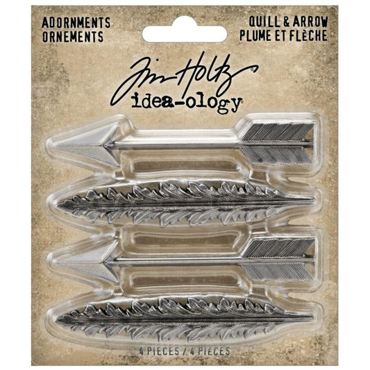 Tim Holtz - Idea-Ology - Metal Adornments - 4/Pkg - Quill & Arrow. The intrigue detailing of the Tim Holtz Quill & Arrow Adornments will enhance your next project. The antiqued metal castings capture timeless styling and provide the perfect decorative element. Available at Embellish Away located in Bowmanville Ontario Canada.