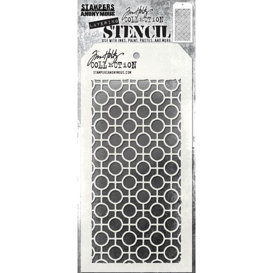 Tim Holtz - Layered Stencil - 4.125"X8.5" - Linked Circles. Layering stencils are designed to add texture and imagery to your creativity. The simple tag shape makes it easy to organize and store the stencils in one place. Available at Embellish Away located in Bowmanville Ontario Canada.