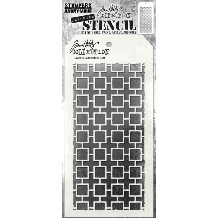Tim Holtz - Layered Stencil - 4.125"X8.5" - Linked Square. Layering stencils are designed to add texture and imagery to your creativity. The simple tag shape makes it easy to organize and store the stencils in one place. Available at Embellish Away located in Bowmanville Ontario Canada.