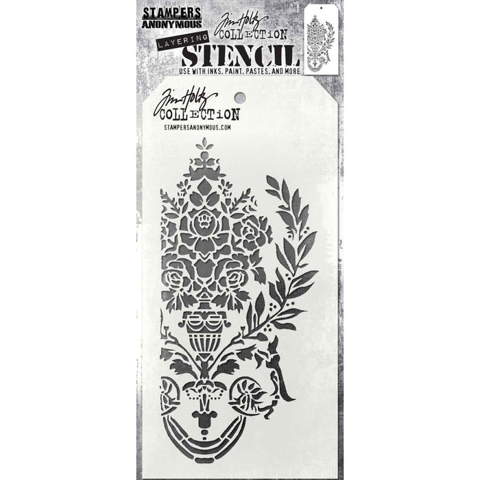 Tim Holtz - Layered Stencil 4.125"X8.5" - Crest. Layering stencils are designed to add texture and imagery to your creativity. The simple tag shape makes it easy to organize and store the stencils in one place. Available at Embellish Away located in Bowmanville Ontario Canada.
