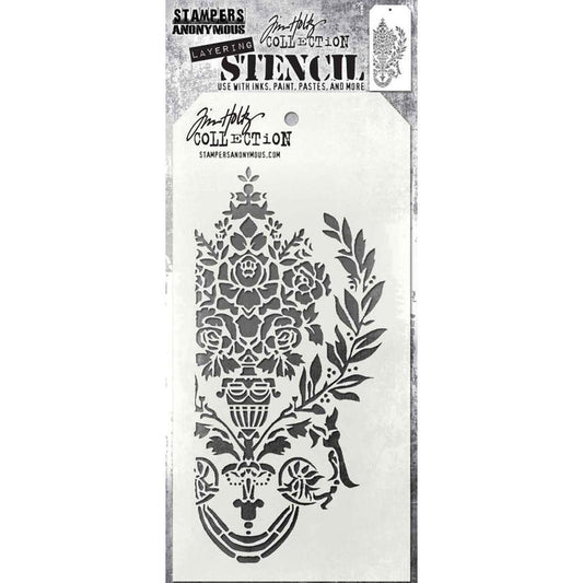 Tim Holtz - Layered Stencil 4.125"X8.5" - Crest. Layering stencils are designed to add texture and imagery to your creativity. The simple tag shape makes it easy to organize and store the stencils in one place. Available at Embellish Away located in Bowmanville Ontario Canada.