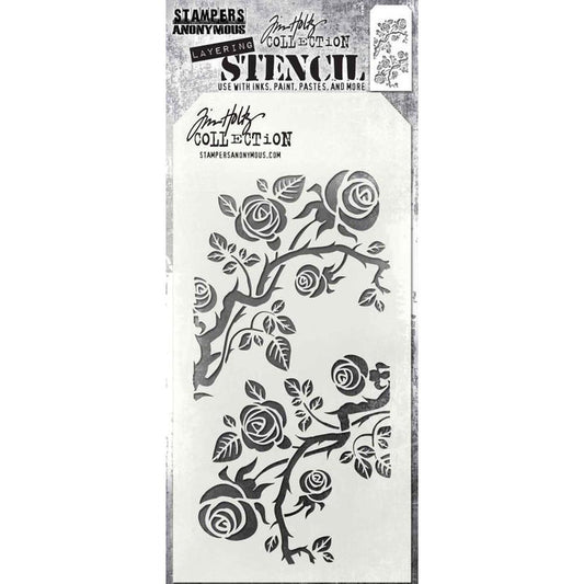 Tim Holtz - Layered Stencil 4.125"X8.5" - Thorned. Layering stencils are designed to add texture and imagery to your creativity. The simple tag shape makes it easy to organize and store the stencils in one place. Available at Embellish Away located in Bowmanville Ontario Canada.