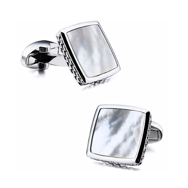T.M.J silver square mother of pearl cufflinks with polished metal edges and textured sides